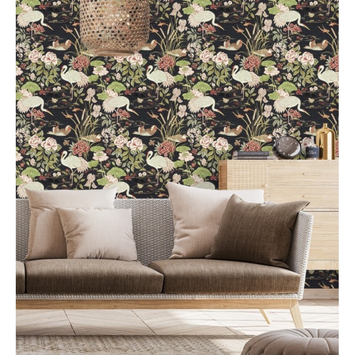 Papel pintado edén de garzas chinoiserie fondo negro - Lotus Waterfowl 684192