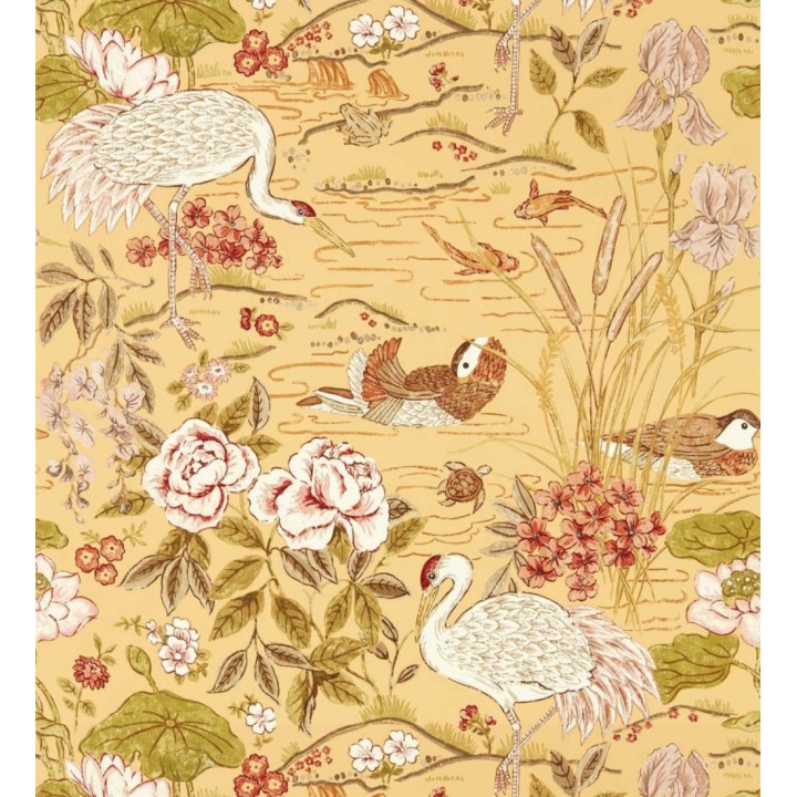 Papel pintado edén de garzas chinoiserie fondo mostaza - Lotus Waterfowl 684193