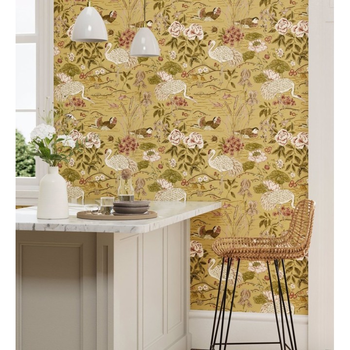 Papel pintado edén de garzas chinoiserie fondo mostaza - Lotus Waterfowl 684193