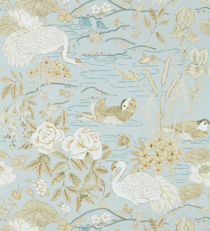 Papel pintado edén de garzas chinoiserie fondo azul - Lotus Waterfowl 684194