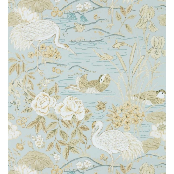 Papel pintado edén de garzas chinoiserie fondo azul - Lotus Waterfowl 684194