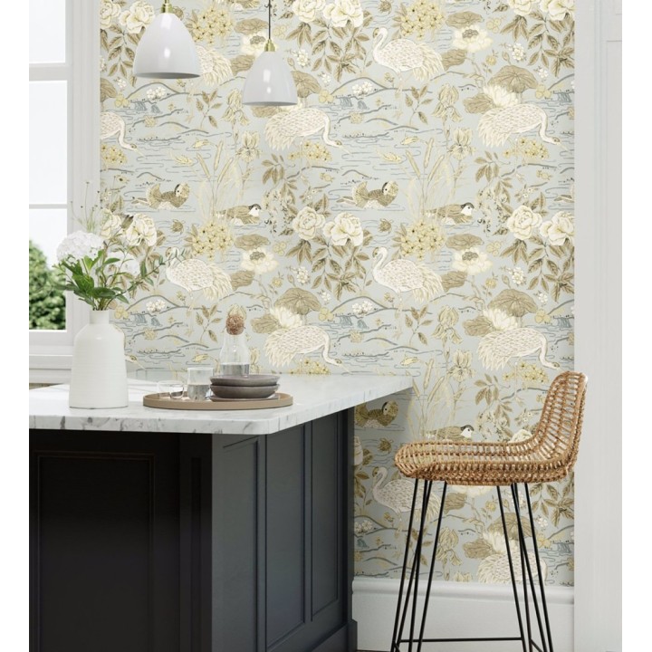 Papel pintado edén de garzas chinoiserie fondo azul - Lotus Waterfowl 684194