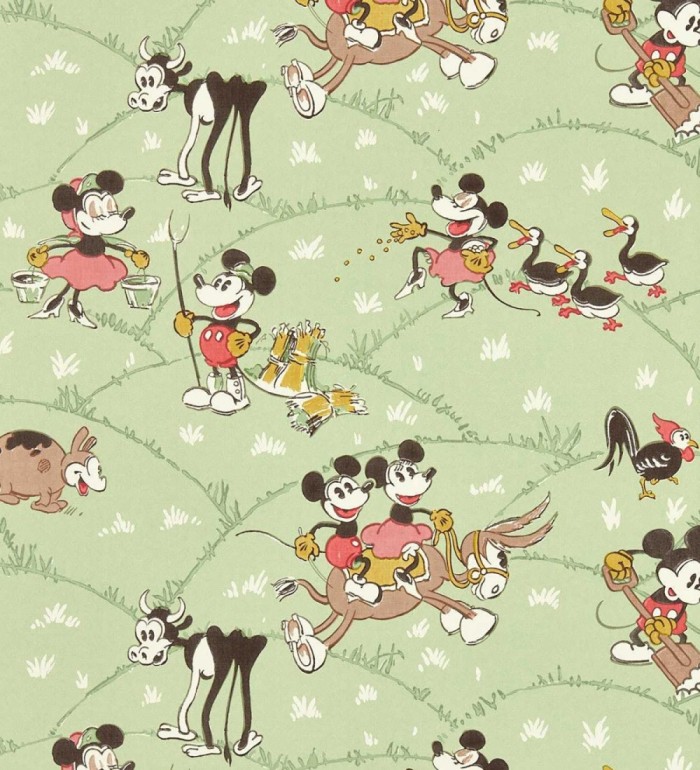 Papel pintado de Mickey Mouse vintage en la granja sobre fondo verde - Mickey At The Farm 684197