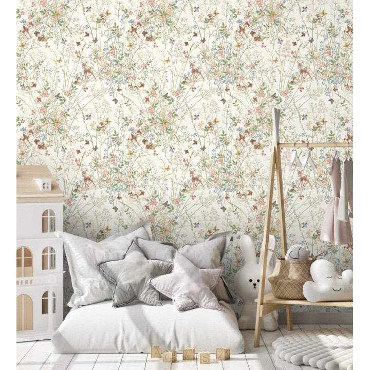 Papel pintado bambi en jardín floral fondo blanco - Bambi 684207