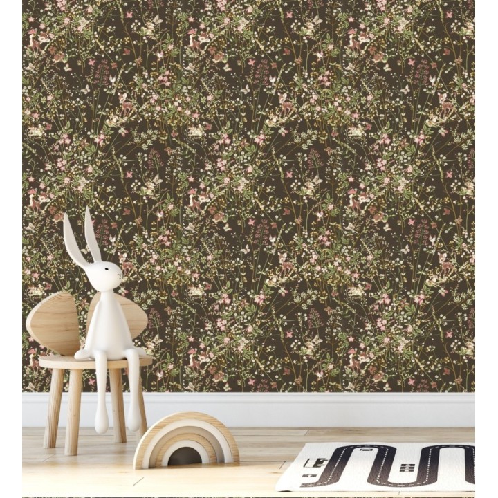 Papel pintado bambi en jardín floral fondo negro - Bambi 684208