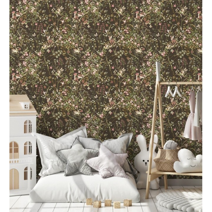 Papel pintado bambi en jardín floral fondo negro - Bambi 684208