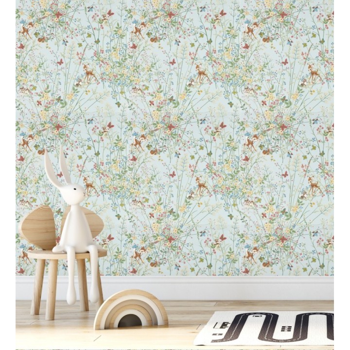 Papel pintado Bambi en jardín floral fondo celeste - Bambi 684209
