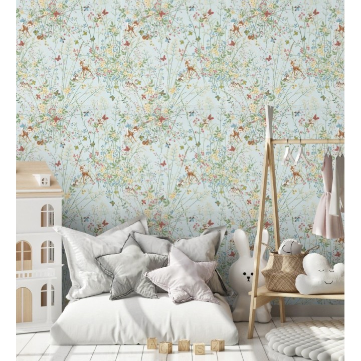 Papel pintado Bambi en jardín floral fondo celeste - Bambi 684209