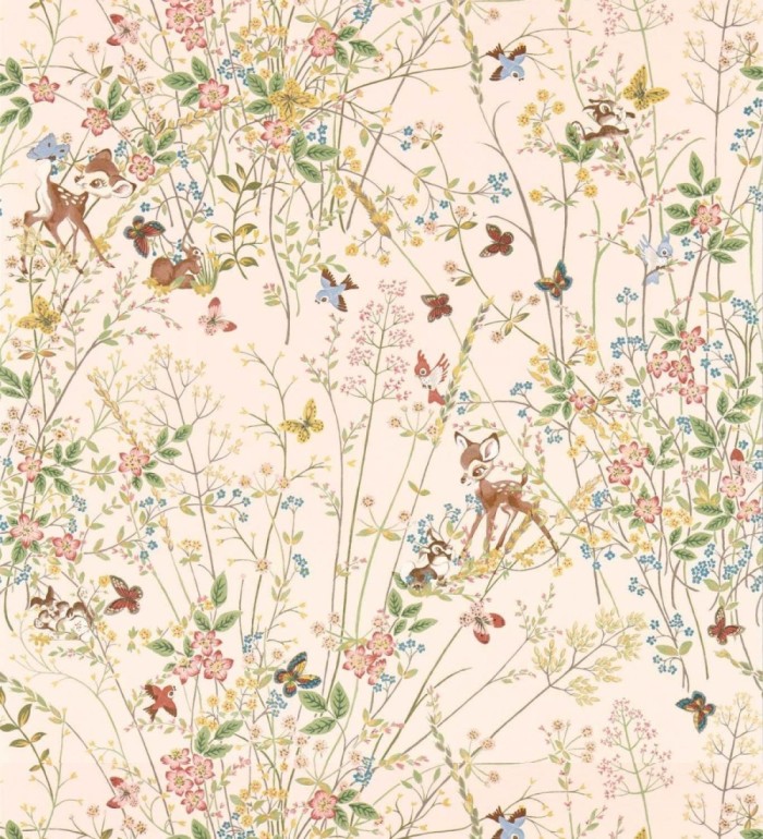 Papel pintado Bambi en jardín floral fondo rosa - Bambi 684210