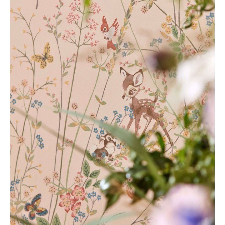Papel pintado Bambi en jardín floral fondo rosa - Bambi 684210