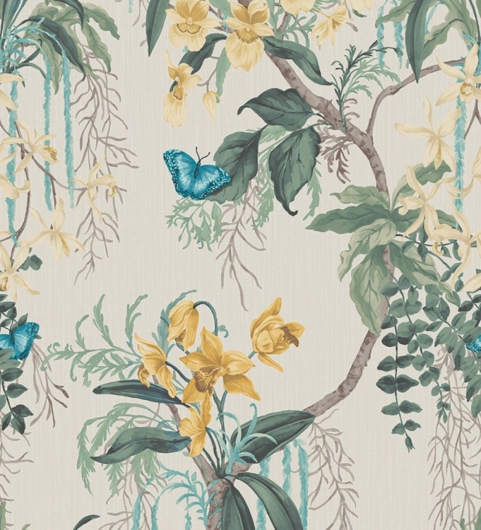 Papel pintado edén botánico orquídea oro fondo beige - Jakarta Verdant 684221