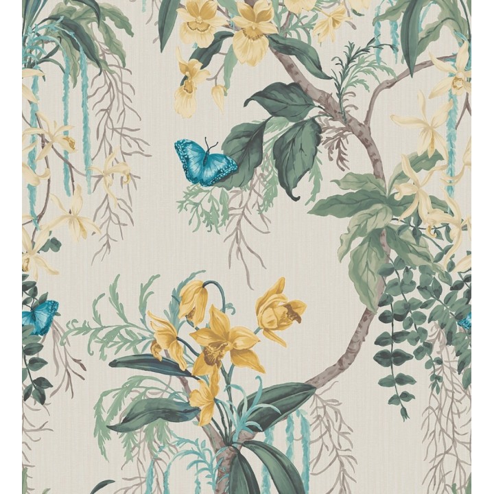 Papel pintado edén botánico orquídea oro fondo beige - Jakarta Verdant 684221