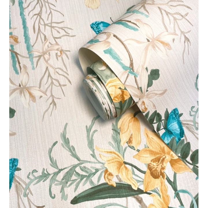 Papel pintado edén botánico orquídea oro fondo beige - Jakarta Verdant 684221