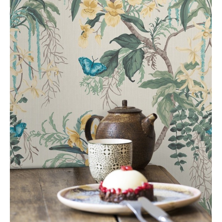 Papel pintado edén botánico orquídea oro fondo beige - Jakarta Verdant 684221