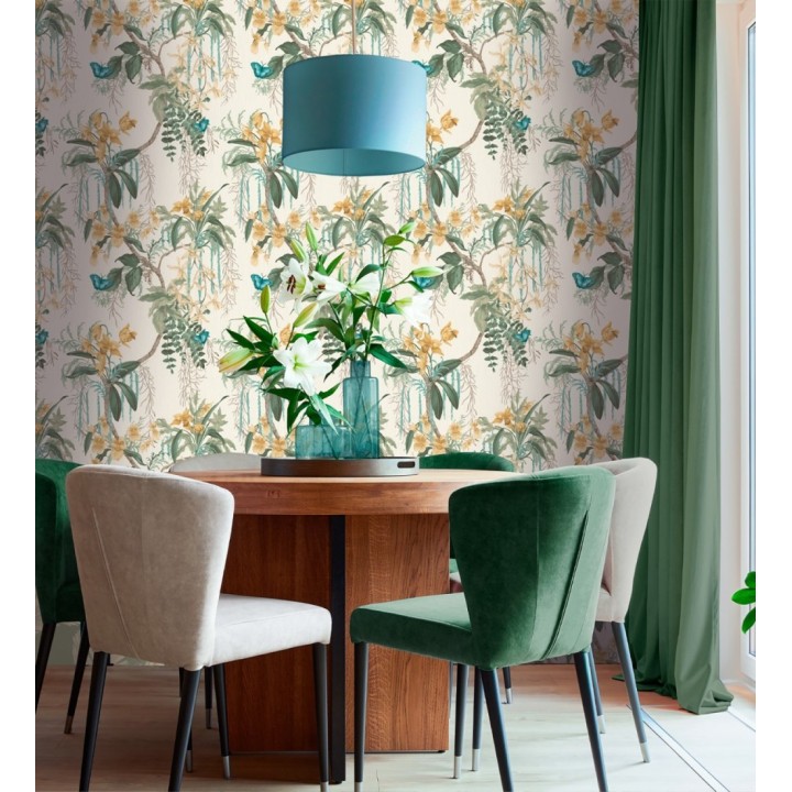 Papel pintado edén botánico orquídea oro fondo beige - Jakarta Verdant 684221