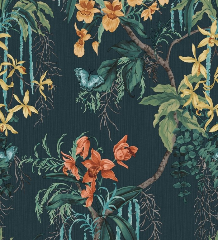 Papel pintado edén botánico orquídea naranja fondo azul verdoso oscuro - Jakarta Verdant 684222