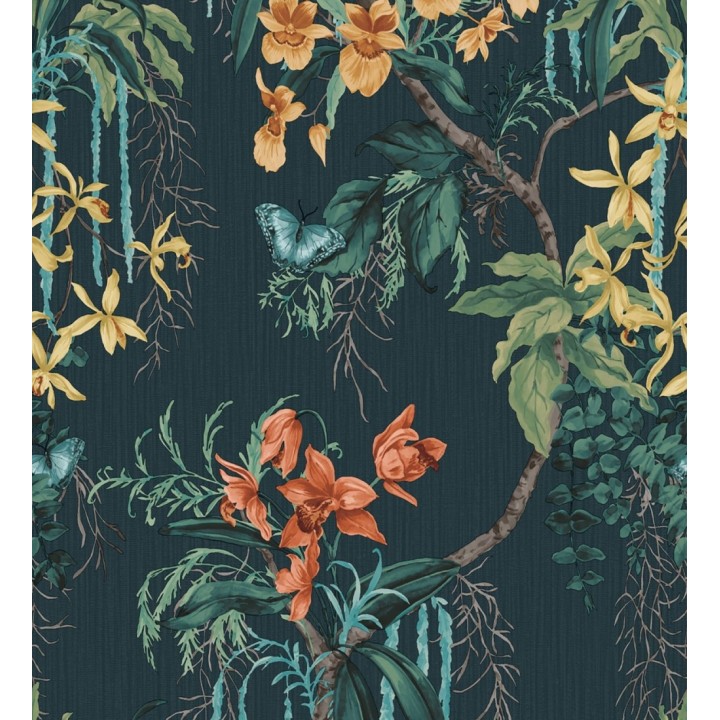 Papel pintado edén botánico orquídea naranja fondo azul verdoso oscuro - Jakarta Verdant 684222