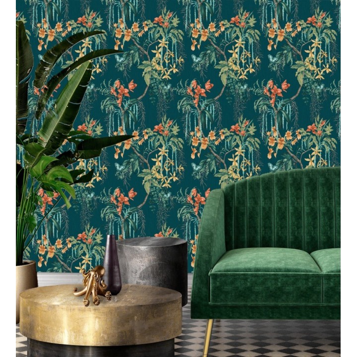 Papel pintado edén botánico orquídea naranja fondo azul verdoso oscuro - Jakarta Verdant 684222
