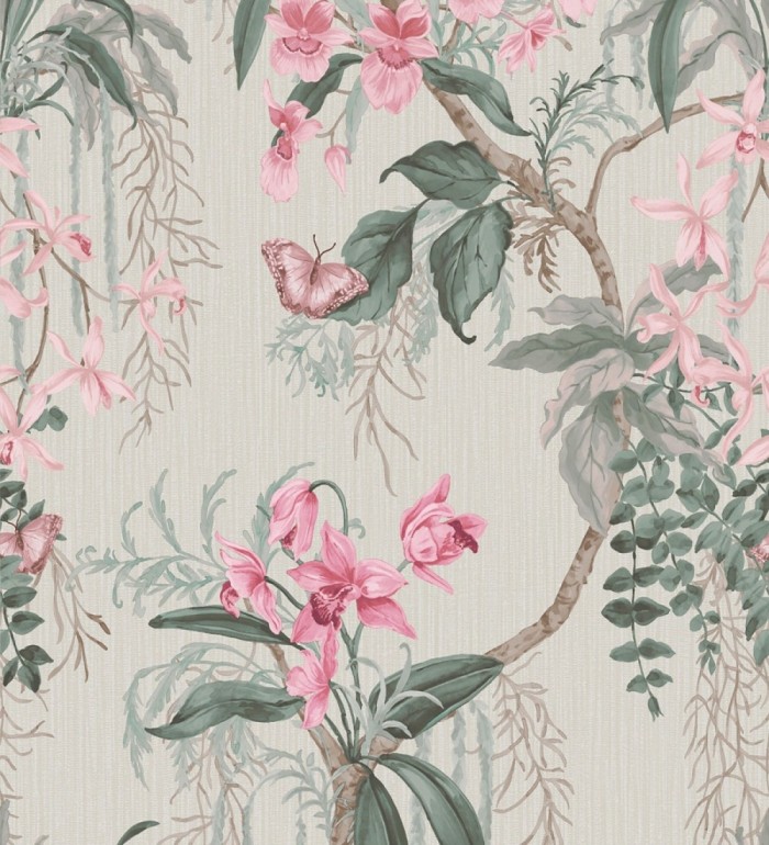 Papel pintado edén botánico orquídea rosa fondo beige grisáceo - Jakarta Verdant 684223