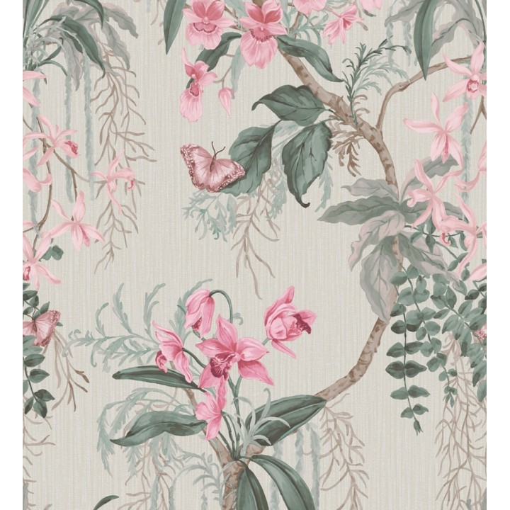 Papel pintado edén botánico orquídea rosa fondo beige grisáceo - Jakarta Verdant 684223