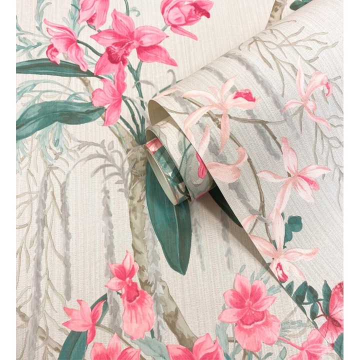 Papel pintado edén botánico orquídea rosa fondo beige grisáceo - Jakarta Verdant 684223