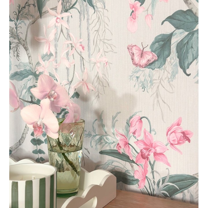 Papel pintado edén botánico orquídea rosa fondo beige grisáceo - Jakarta Verdant 684223
