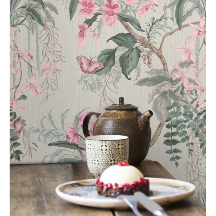 Papel pintado edén botánico orquídea rosa fondo beige grisáceo - Jakarta Verdant 684223