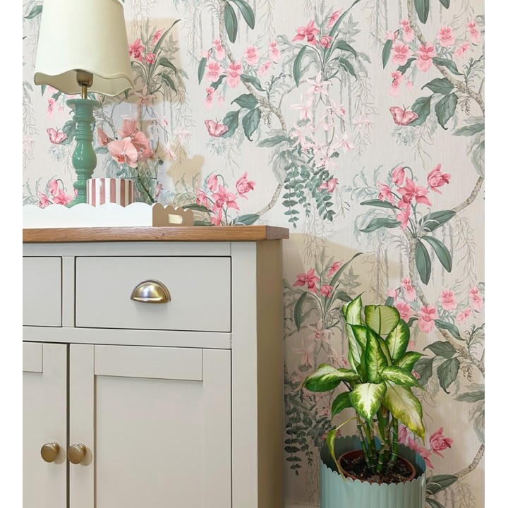 Papel pintado edén botánico orquídea rosa fondo beige grisáceo - Jakarta Verdant 684223