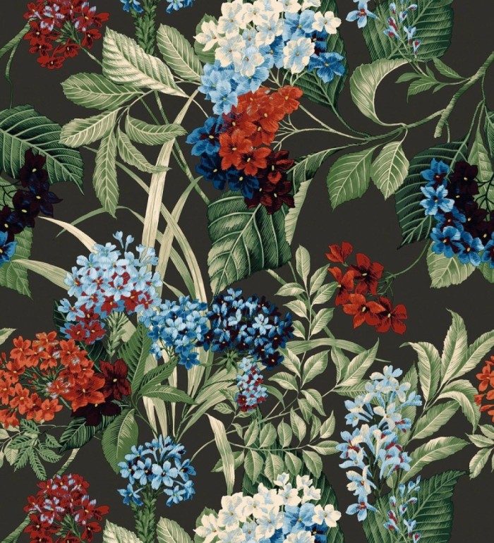 Papel pintado jardín botánico con ramillete de flores azules y rojas - Medellin Overgrown 684224