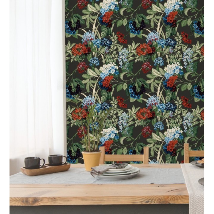 Papel pintado jardín botánico con ramillete de flores azules y rojas - Medellin Overgrown 684224