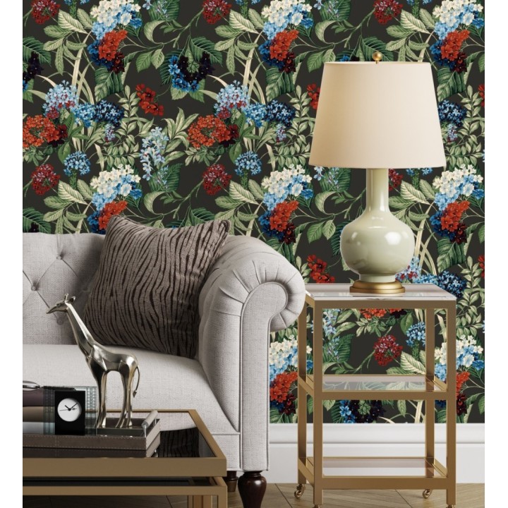 Papel pintado jardín botánico con ramillete de flores azules y rojas - Medellin Overgrown 684224