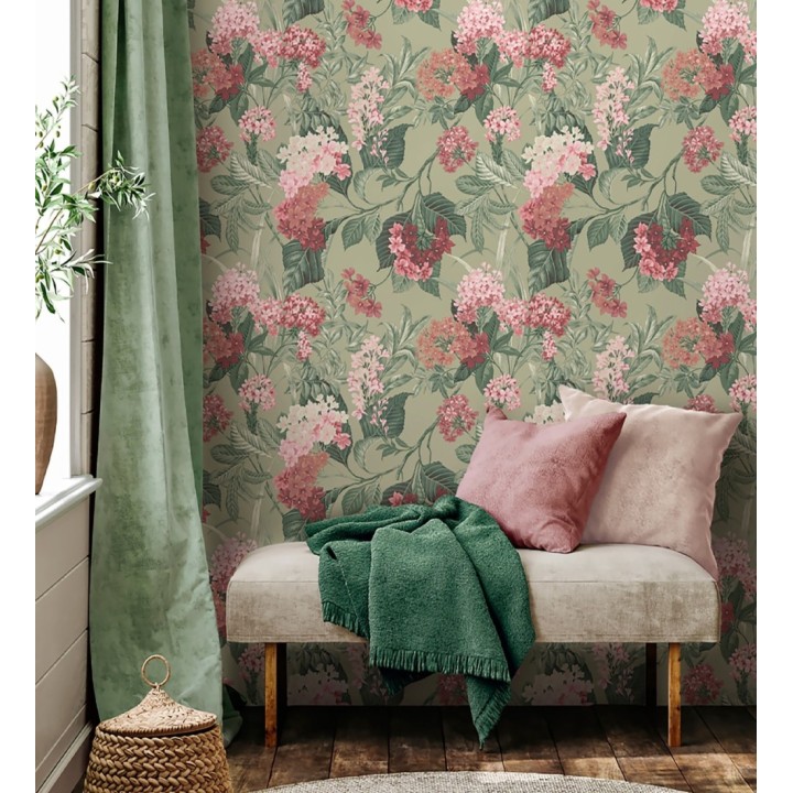 Papel pintado jardín botánico con ramillete de flores rosa y magenta - Medellin Overgrown 684225