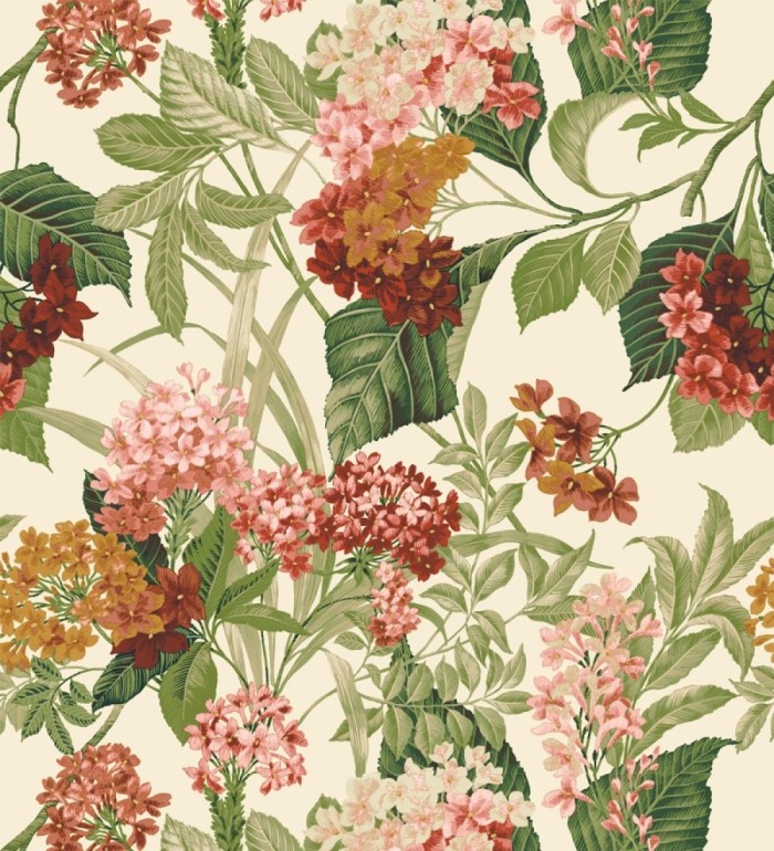 Papel pintado jardín botánico con ramillete de flores coral y ocre - Medellin Overgrown 684226