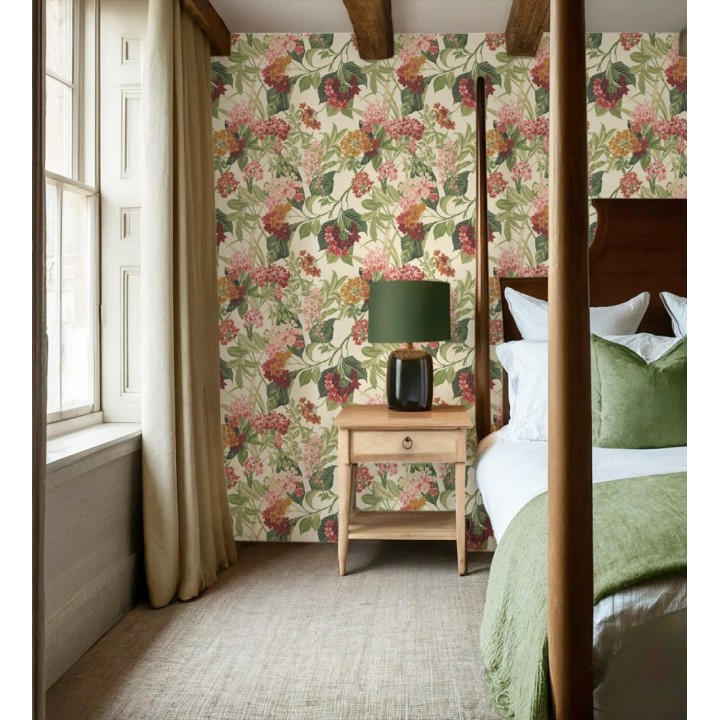 Papel pintado jardín botánico con ramillete de flores coral y ocre - Medellin Overgrown 684226