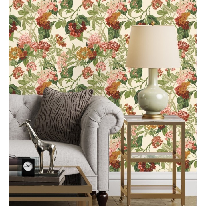 Papel pintado jardín botánico con ramillete de flores coral y ocre - Medellin Overgrown 684226