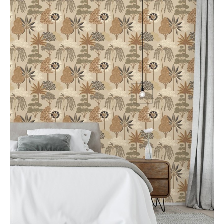 Papel pintado bosque exótico de palmeras con detalles dorados - Sumatra Groovy 684229