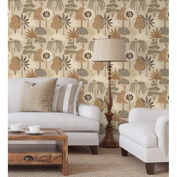 Papel pintado bosque exótico de palmeras con detalles dorados - Sumatra Groovy 684229