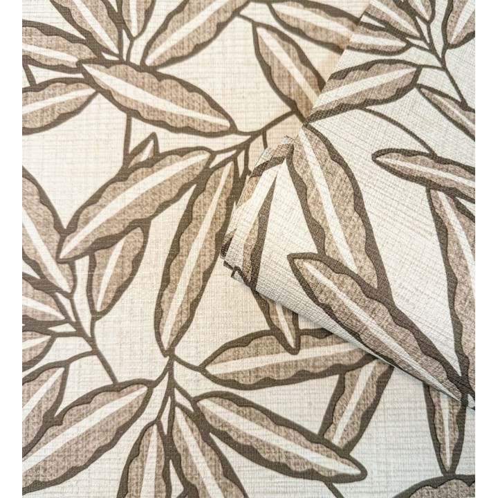 Papel pintado hojas de bambú sobre rafia natural beige claro - Drava Twilled 684238