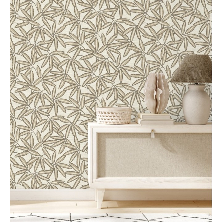 Papel pintado hojas de bambú sobre rafia natural beige claro - Drava Twilled 684238
