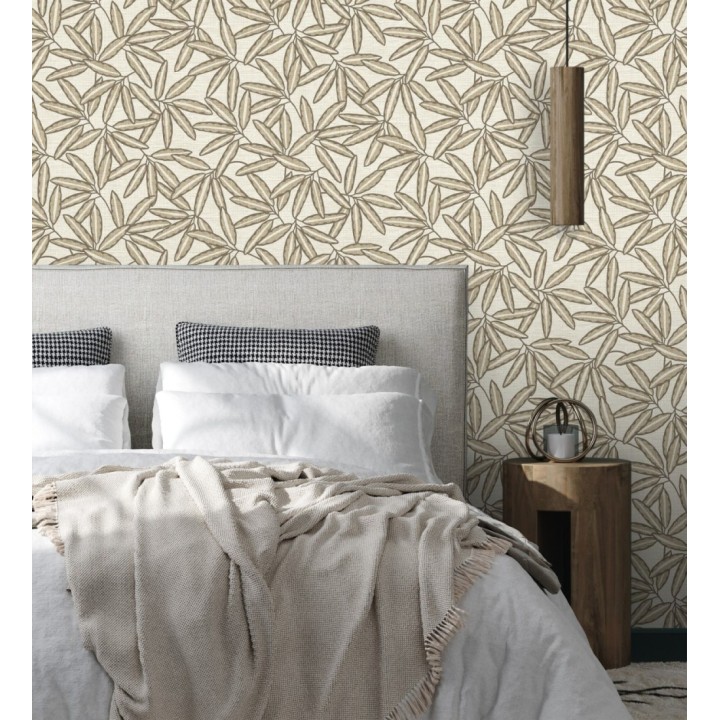 Papel pintado hojas de bambú sobre rafia natural beige claro - Drava Twilled 684238