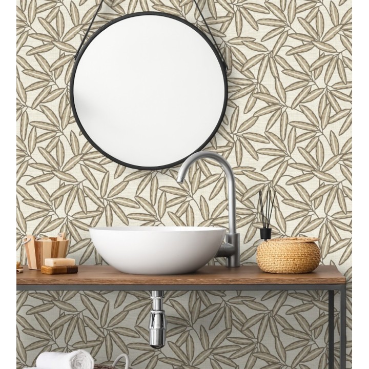 Papel pintado hojas de bambú sobre rafia natural beige claro - Drava Twilled 684238