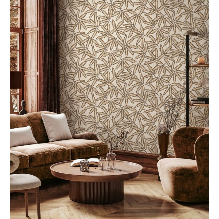 Papel pintado hojas de bambú sobre rafia natural beige claro - Drava Twilled 684238