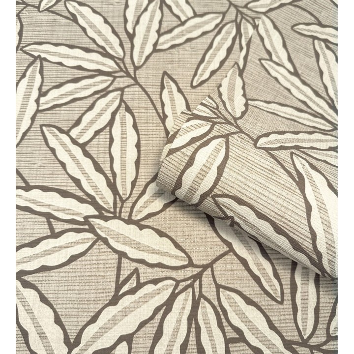 Papel pintado hojas de bambú sobre rafia natural beige tostado - Drava Twilled 684239