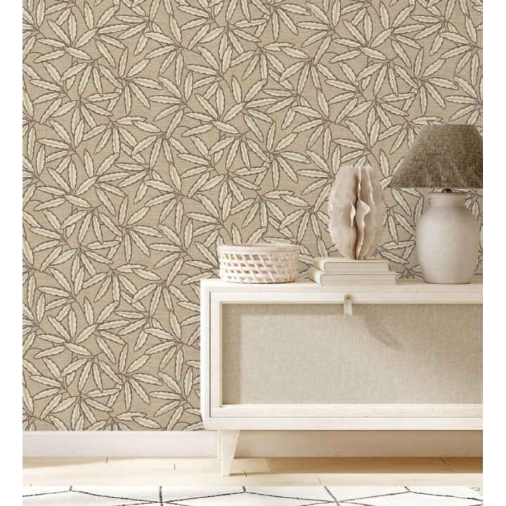 Papel pintado hojas de bambú sobre rafia natural beige tostado - Drava Twilled 684239