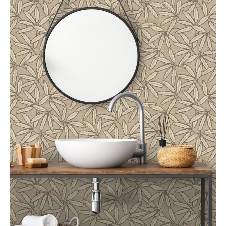 Papel pintado hojas de bambú sobre rafia natural beige tostado - Drava Twilled 684239