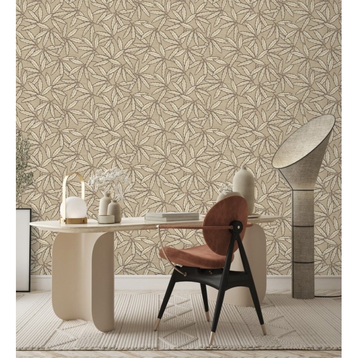 Papel pintado hojas de bambú sobre rafia natural beige tostado - Drava Twilled 684239