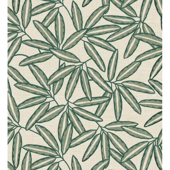 Papel pintado de hojas de bambú verde sobre rafia natural beige claro - Drava Twilled 684240