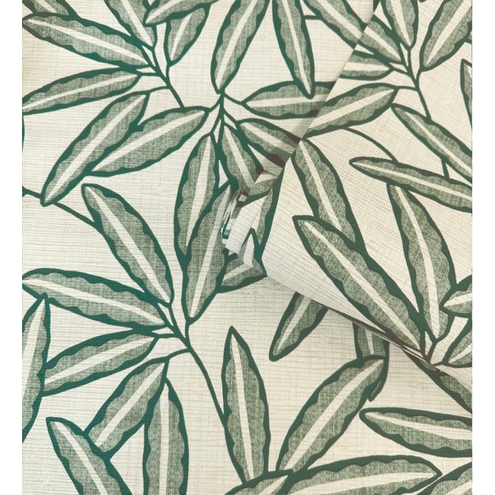 Papel pintado de hojas de bambú verde sobre rafia natural beige claro - Drava Twilled 684240