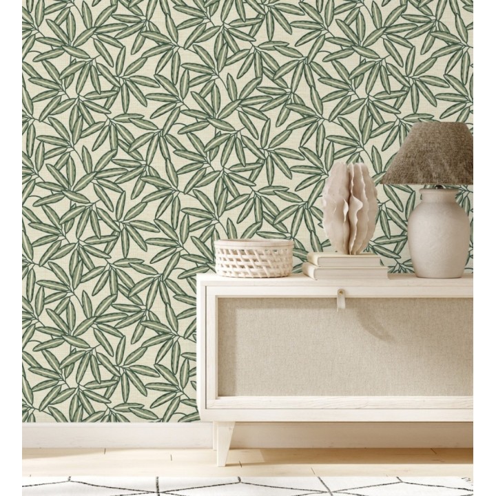 Papel pintado de hojas de bambú verde sobre rafia natural beige claro - Drava Twilled 684240