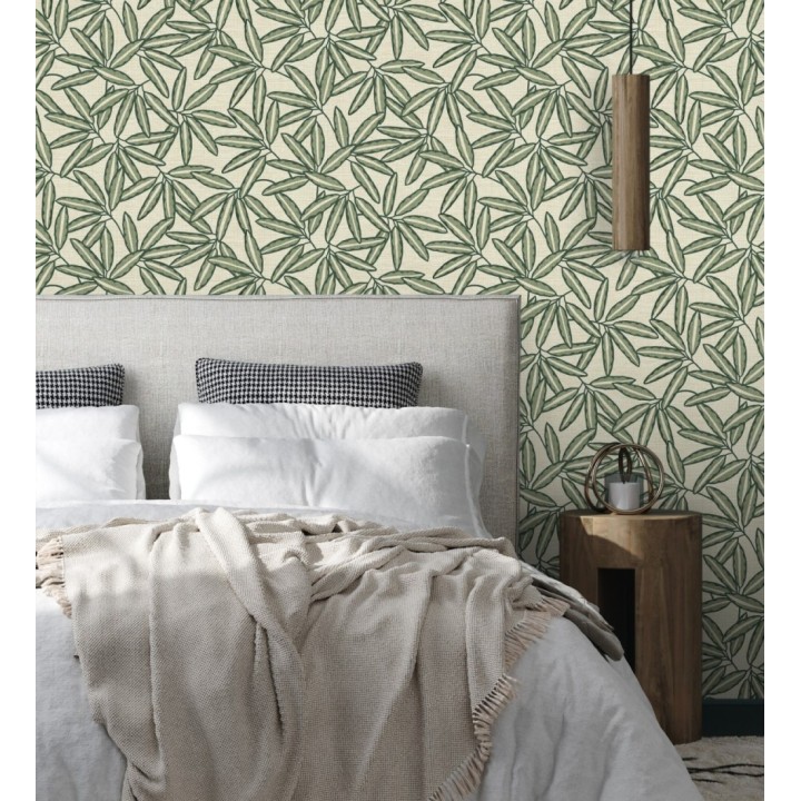 Papel pintado de hojas de bambú verde sobre rafia natural beige claro - Drava Twilled 684240